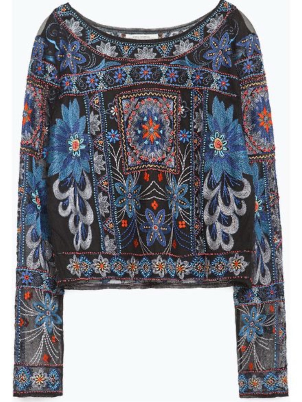 Zara Embroidered Black Floral Long-Sleeve Top - Blue Accent like new EUC